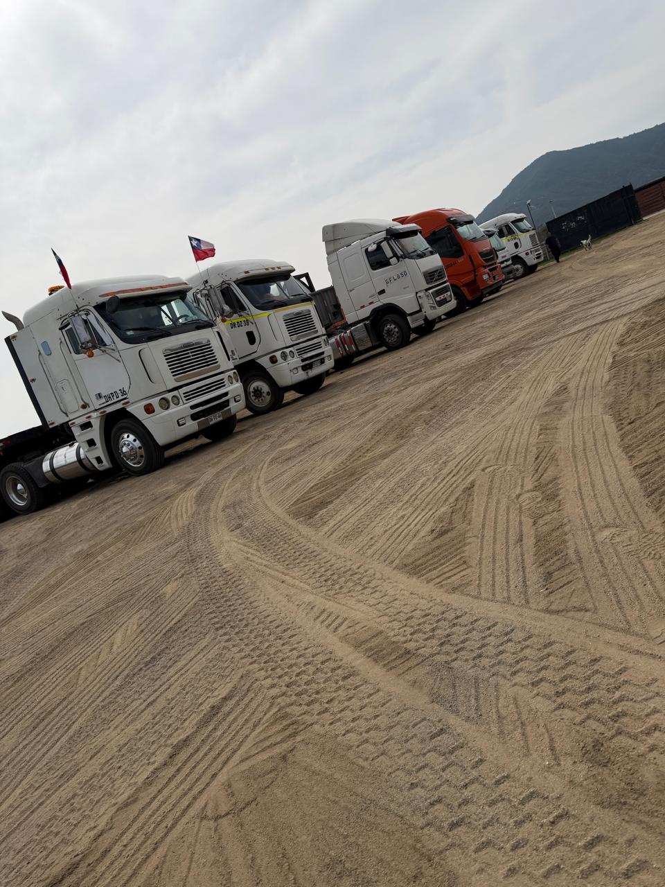 Fila de camiones Freightliner, Volvo e Iveco de Transportes Urifu